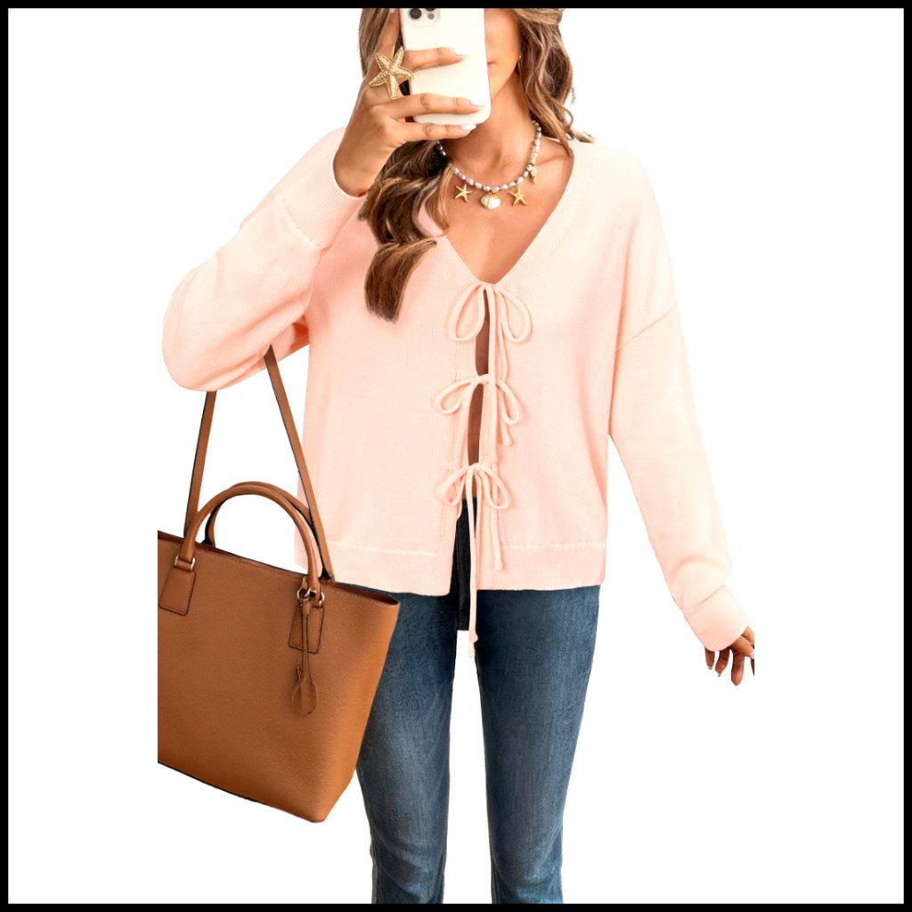 Cozy Cotton Tie Front Bow Cardigan Sweater, V-Neck Ribbed Knit